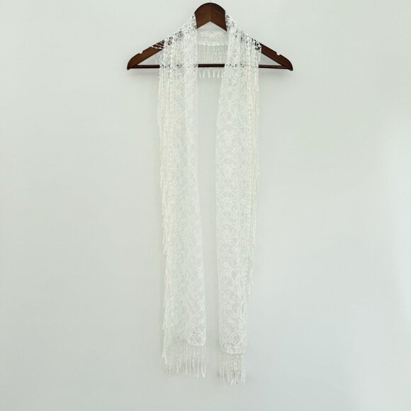 Boho Fairy Ivory Lace Flower Embroidered Scarf With Tassels All Around - Picture 1 of 4